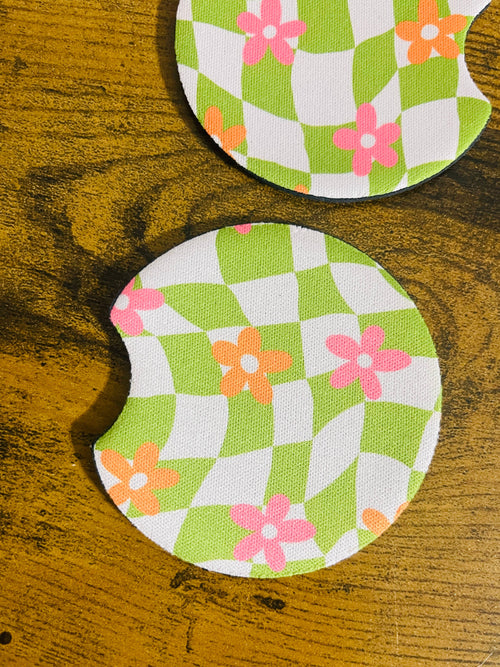 2 Car Coasters, Groovy Green Check and Pink Daisy Design