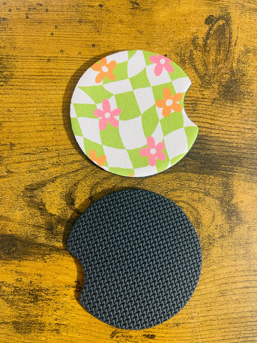 2 Car Coasters, Groovy Green Check and Pink Daisy Design