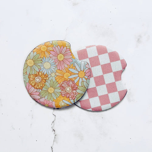 2 Car Coasters, Retro Floral and Pink Check
