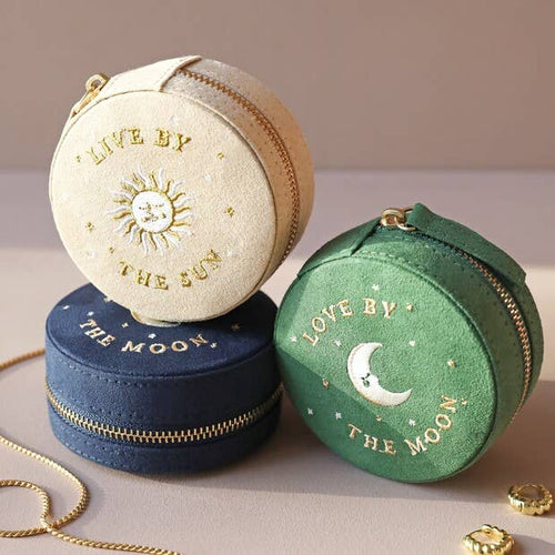 Sun and Moon Embroidered Round Jewellery Case in Beige