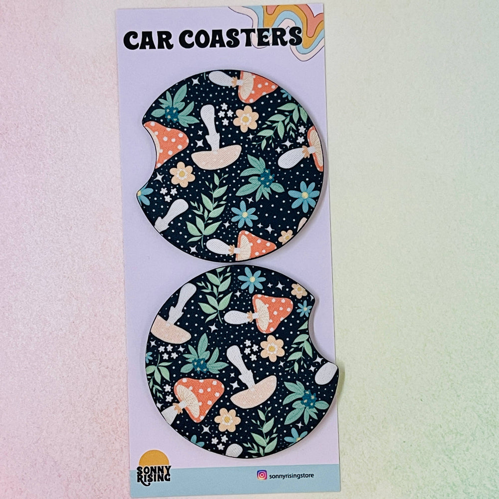 2 Car Coasters, Dark Cottagecore Mushroom Design