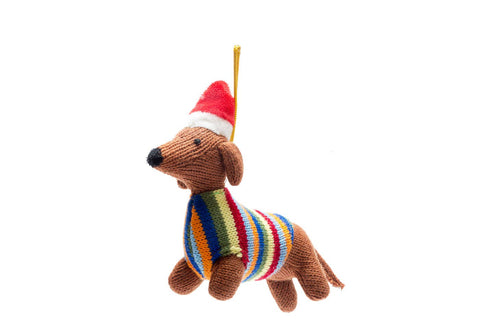 Knitted Dachshund Christmas Ornament in Bright Stripe Jumper