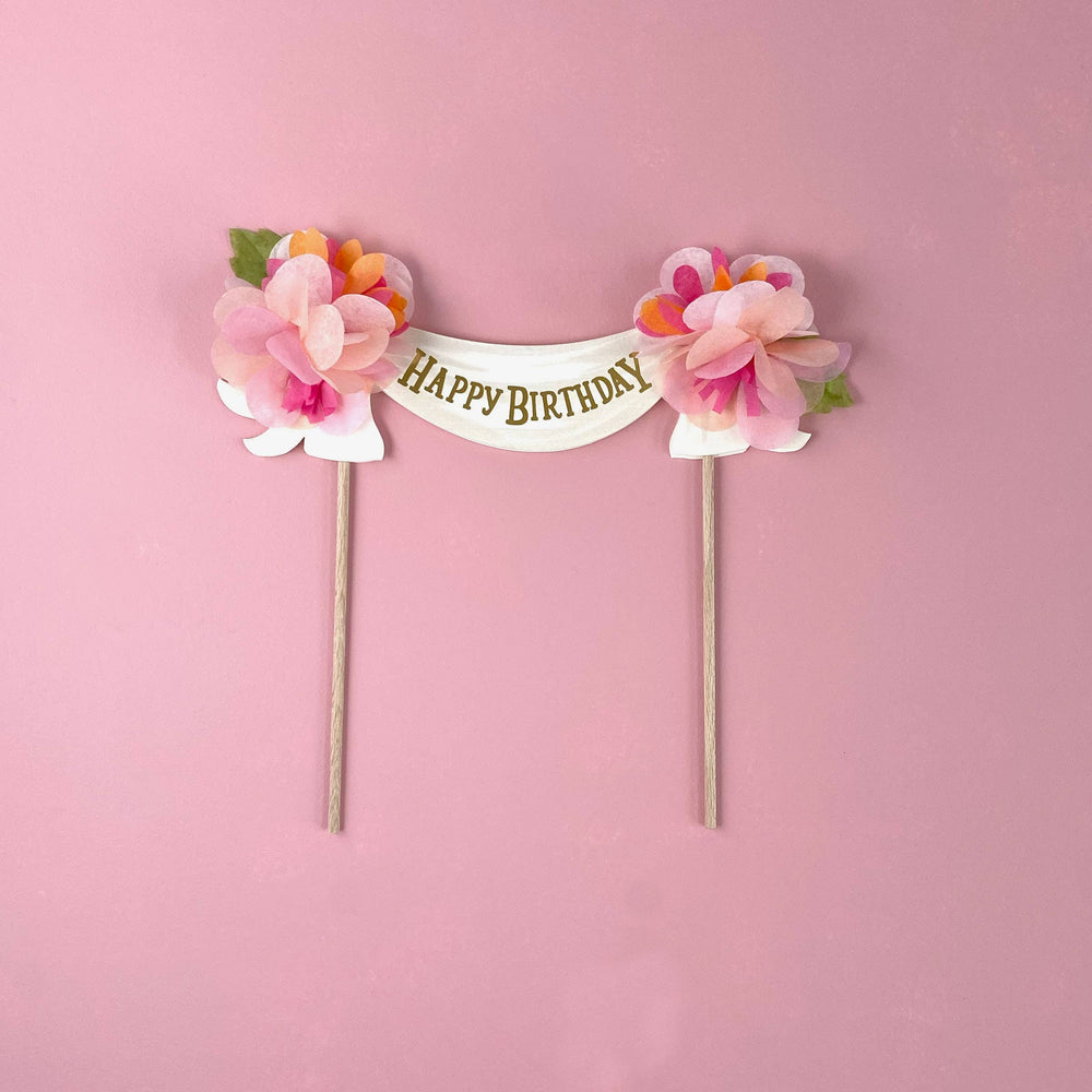 Happy Birthday Cake Topper with Pink Paper Flowers