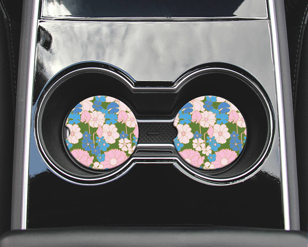 2 Car Coasters, 60's blue floral pattern